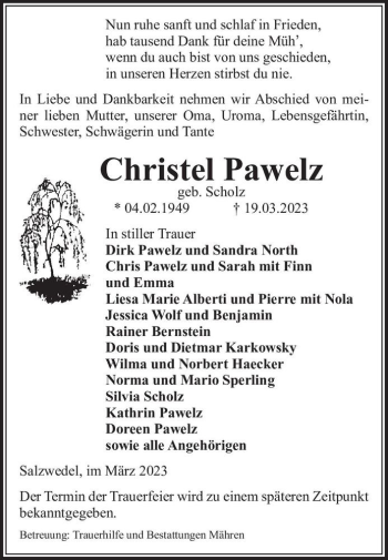 Traueranzeige von Christel Pawelz (geb. Scholz)  von Magdeburger Volksstimme