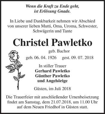Traueranzeige von Christel Pawletko (geb. Bachor)  von Magdeburger Volksstimme