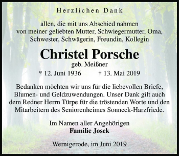 Traueranzeige von Christel Porsche (geb. Meißner)  von Magdeburger Volksstimme