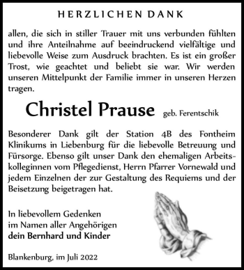 Traueranzeige von Christel Prause (geb. Ferentschik)  von Magdeburger Volksstimme