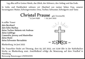 Traueranzeige von Christel Prause (geb. Ferentschik)  von Magdeburger Volksstimme