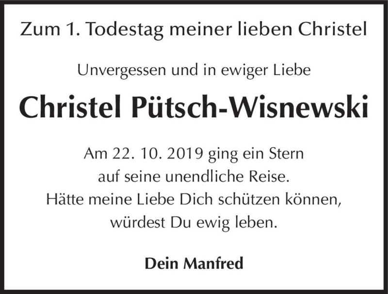  Traueranzeige für Christel Pütsch-Wisnewski  vom 24.10.2020 aus Magdeburger Volksstimme