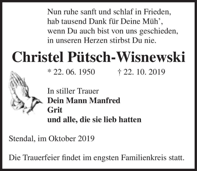 Traueranzeige für Christel Pütsch-Wisnewski  vom 26.10.2019 aus Magdeburger Volksstimme