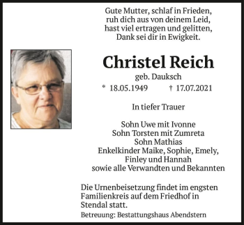 Traueranzeige von Christel Reich (geb. Dauksch)  von Magdeburger Volksstimme