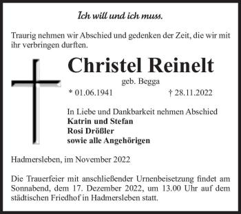 Traueranzeige von Christel Reinelt (geb. Begga)  von Magdeburger Volksstimme