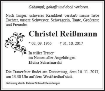 Traueranzeige von Christel Reißmann  von Magdeburger Volksstimme