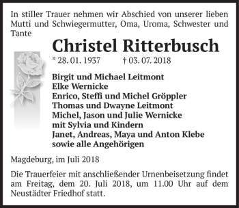 Traueranzeige von Christel Ritterbusch  von Magdeburger Volksstimme
