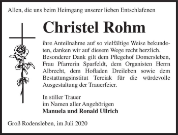 Traueranzeige von Christel Rohm  von Magdeburger Volksstimme