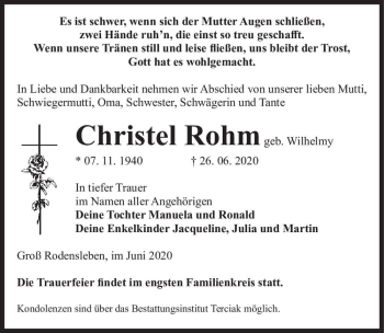 Traueranzeige von Christel Rohm (geb. Wilhelmy)  von Magdeburger Volksstimme