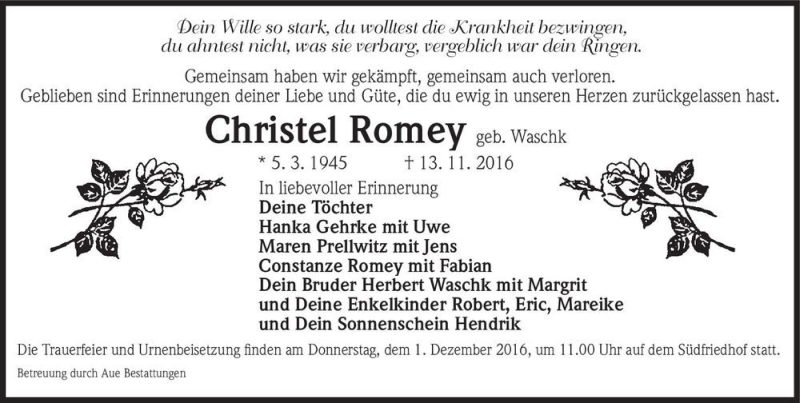  Traueranzeige für Christel Romey (geb. Waschk)  vom 19.11.2016 aus Magdeburger Volksstimme