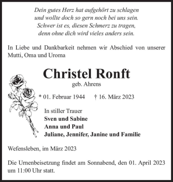 Traueranzeige von Christel Ronft (geb. Ahrens)  von Magdeburger Volksstimme