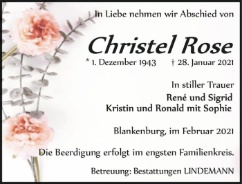 Traueranzeige von Christel Rose  von Magdeburger Volksstimme