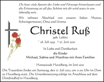 Traueranzeige von Christel Ruß (geb. Lubitz)  von Magdeburger Volksstimme