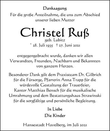 Traueranzeige von Christel Ruß (geb. Lubitz)  von Magdeburger Volksstimme