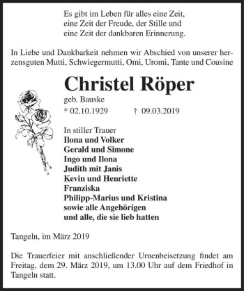 Traueranzeige von Christel Röper (geb. Bauske)  von Magdeburger Volksstimme