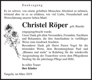 Traueranzeige von Christel Röper (geb. Bauske)  von Magdeburger Volksstimme