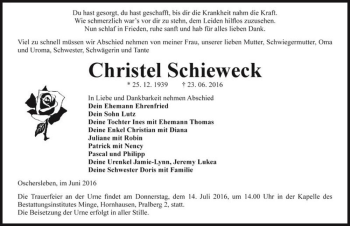 Traueranzeige von Christel Schieweck  von Magdeburger Volksstimme