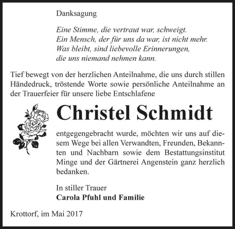  Traueranzeige für Christel Schmidt  vom 20.05.2017 aus Magdeburger Volksstimme