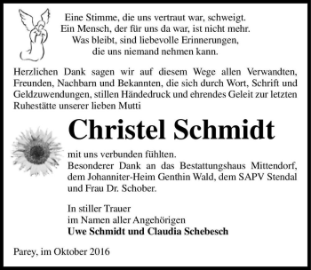 Traueranzeige von Christel Schmidt  von Magdeburger Volksstimme