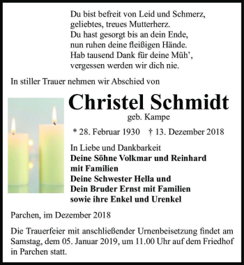 Traueranzeige von Christel Schmidt (geb. Kampe)  von Magdeburger Volksstimme