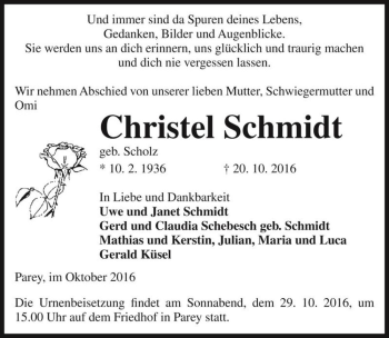 Traueranzeige von Christel Schmidt (geb. Scholz)  von Magdeburger Volksstimme