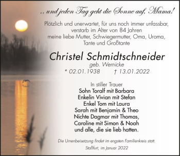 Traueranzeige von Christel Schmidtschneider (geb. Wernicke)  von Magdeburger Volksstimme