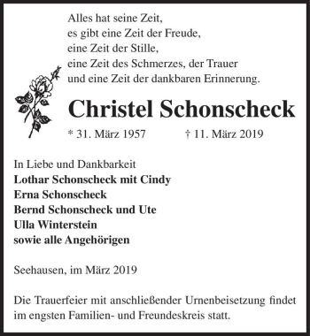 Traueranzeige von Christel Schonscheck  von Magdeburger Volksstimme