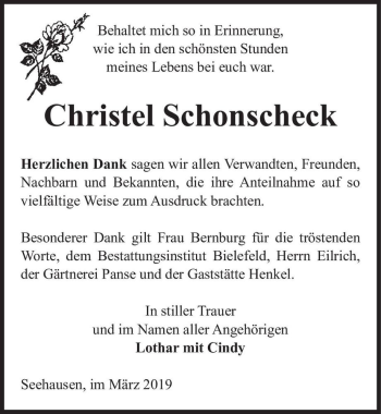 Traueranzeige von Christel Schonscheck  von Magdeburger Volksstimme