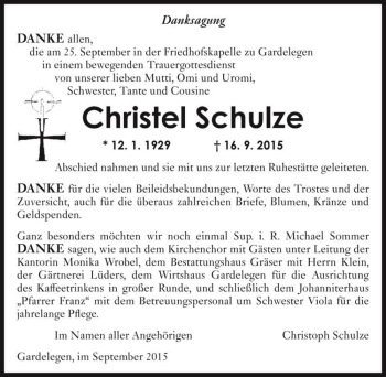Traueranzeige von Christel Schulze  von Magdeburger Volksstimme