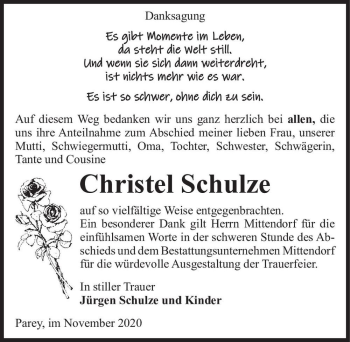 Traueranzeige von Christel Schulze  von Magdeburger Volksstimme