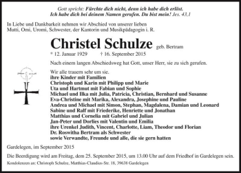 Traueranzeige von Christel Schulze (geb. Bertram)  von Magdeburger Volksstimme