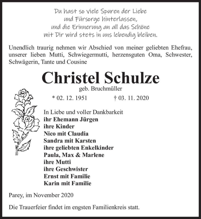  Traueranzeige für Christel Schulze (geb. Bruchmüller)  vom 07.11.2020 aus Magdeburger Volksstimme
