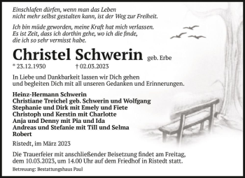 Traueranzeige von Christel Schwerin (geb. Erbe)  von Magdeburger Volksstimme