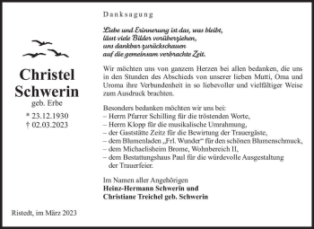 Traueranzeige von Christel Schwerin (geb. Erbe)  von Magdeburger Volksstimme