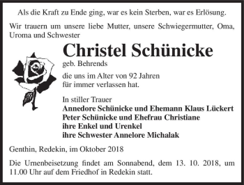 Traueranzeige von Christel Schünecke (geb. Behrends)  von Magdeburger Volksstimme