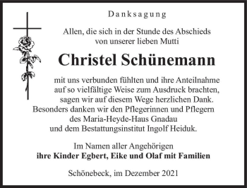 Traueranzeige von Christel Schünemann  von Magdeburger Volksstimme