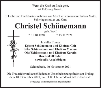 Traueranzeige von Christel Schünemann (geb. Wolf)  von Magdeburger Volksstimme
