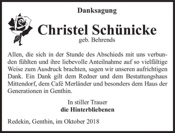 Traueranzeige von Christel Schünicke (geb. Behrends)  von Magdeburger Volksstimme