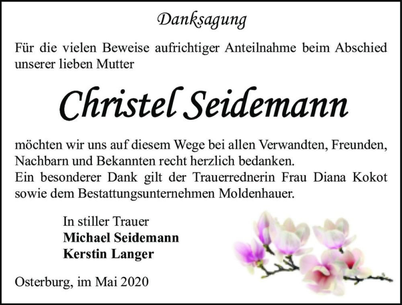  Traueranzeige für Christel Seidemann  vom 13.06.2020 aus Magdeburger Volksstimme