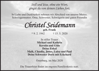 Traueranzeige von Christel Seidemann (geb. Frank)  von Magdeburger Volksstimme