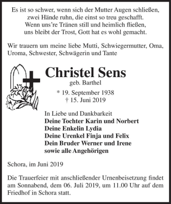 Traueranzeige von Christel Sens (geb. Barthel)  von Magdeburger Volksstimme