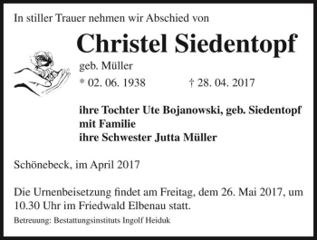 Traueranzeige von Christel Siedentopf (geb. Müller)  von Magdeburger Volksstimme