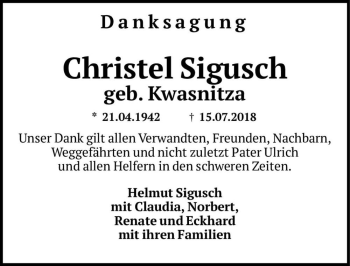 Traueranzeige von Christel Sigusch (geb. Kwasnitza)  von Magdeburger Volksstimme