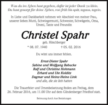 Traueranzeige von Christel Spahr (geb. Hirschberger)  von Magdeburger Volksstimme