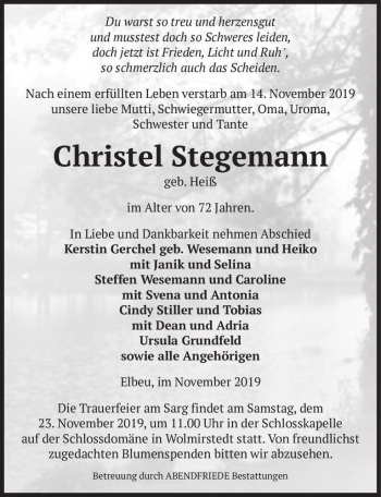 Traueranzeige von Christel Stegemann (geb. Heiß)  von Magdeburger Volksstimme