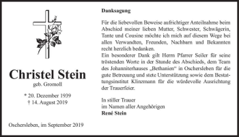 Traueranzeige von Christel Stein (geb. Gromoll)  von Magdeburger Volksstimme