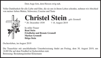 Traueranzeige von Christel Stein (geb. Gromoll)  von Magdeburger Volksstimme