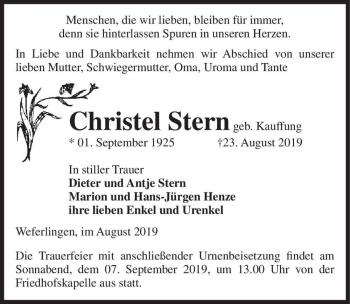 Traueranzeige von Christel Stern (geb. Kauffung)  von Magdeburger Volksstimme