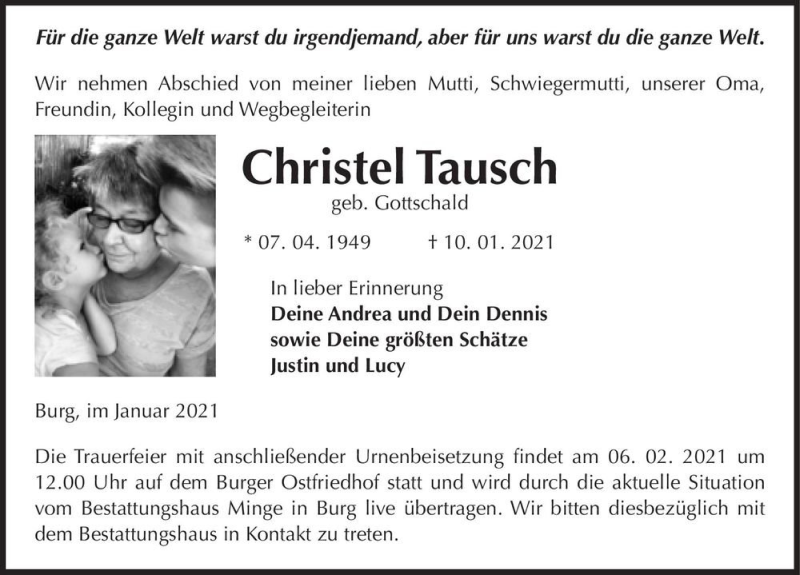  Traueranzeige für Christel Tausch (geb. Gottschald)  vom 16.01.2021 aus Magdeburger Volksstimme
