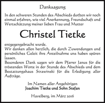 Traueranzeige von Christel Tietke  von Magdeburger Volksstimme